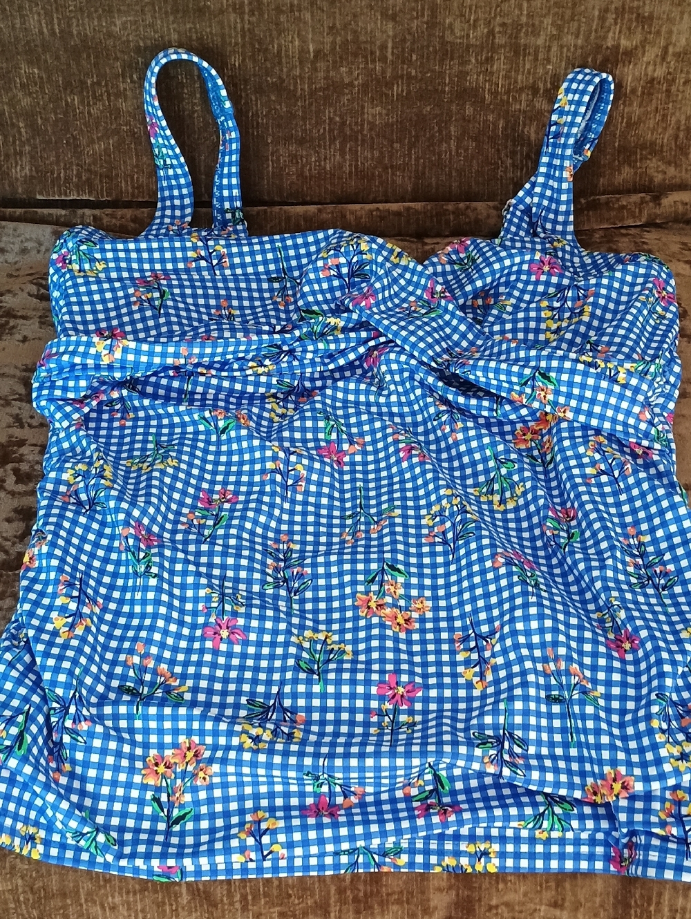 Lands' End Blue Gingham Floral One-Piece Swimsuit
